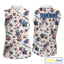 Load image into Gallery viewer, Women's sleeveless golf polo featuring pink golf clubs with patriotic American flag artwork, personalized Fourth of July golf apparel representing liberty, celebration and USA pride.