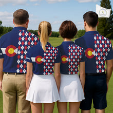 Load image into Gallery viewer, Golf team wearing matching Colorado golf polos with argyle golf ball pattern, representing teamwork, outdoor adventure and Colorado heritage.
