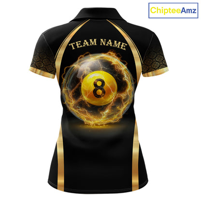 Black & Gold Thunder Lightning Yellow 8 Ball Pool Billiard Jerseys For Women Custom Billiard Team Shirt NYN2752