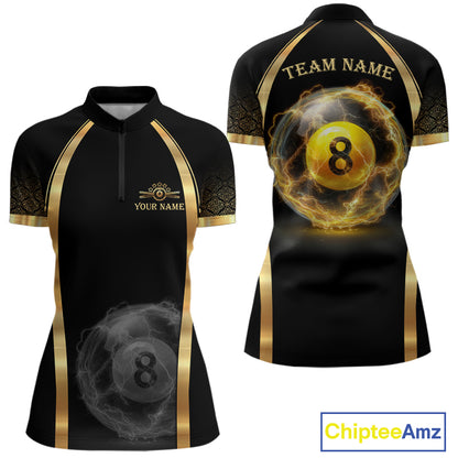 Black & Gold Thunder Lightning Yellow 8 Ball Pool Billiard Jerseys For Women Custom Billiard Team Shirt NYN2752