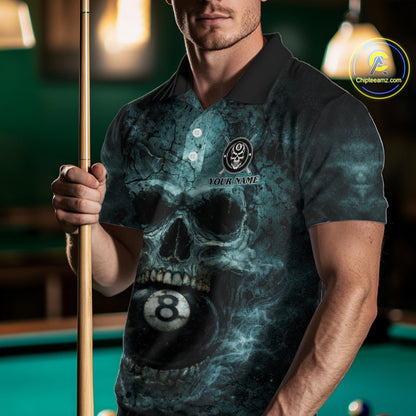 Custom Teal Smoke Grunge Skull Pool 8 Ball Men Billiard Shirt Personalized Ball Billiard Attire NYN2592