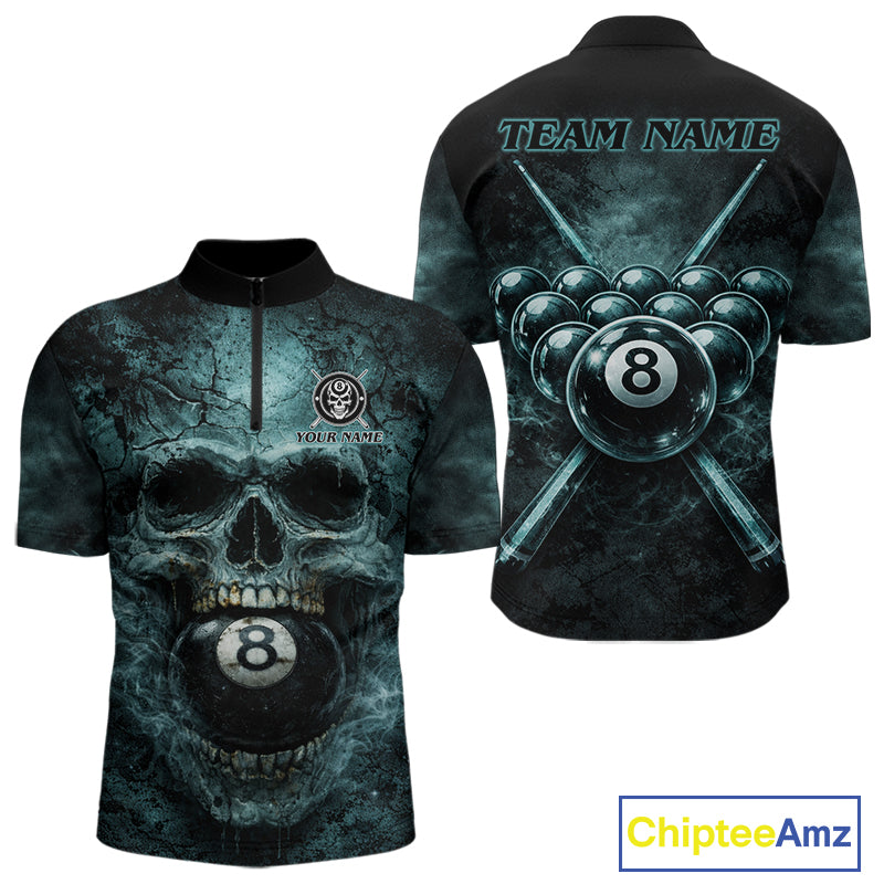 Custom Teal Smoke Grunge Skull Pool 8 Ball Men Billiard Shirt Personalized Ball Billiard Attire NYN2592