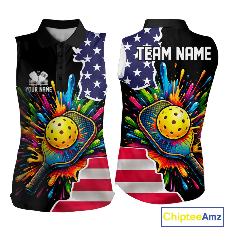 Custom American flag patriotic pickleball sleeveless polo for women colorful splatter pickleball jersey black