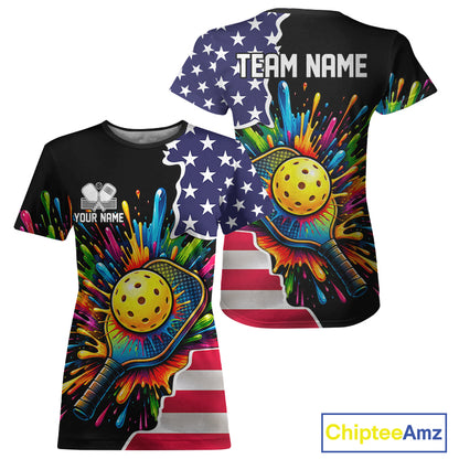 Custom American flag patriotic pickleball tshirt for women colorful splatter pickleball jersey black