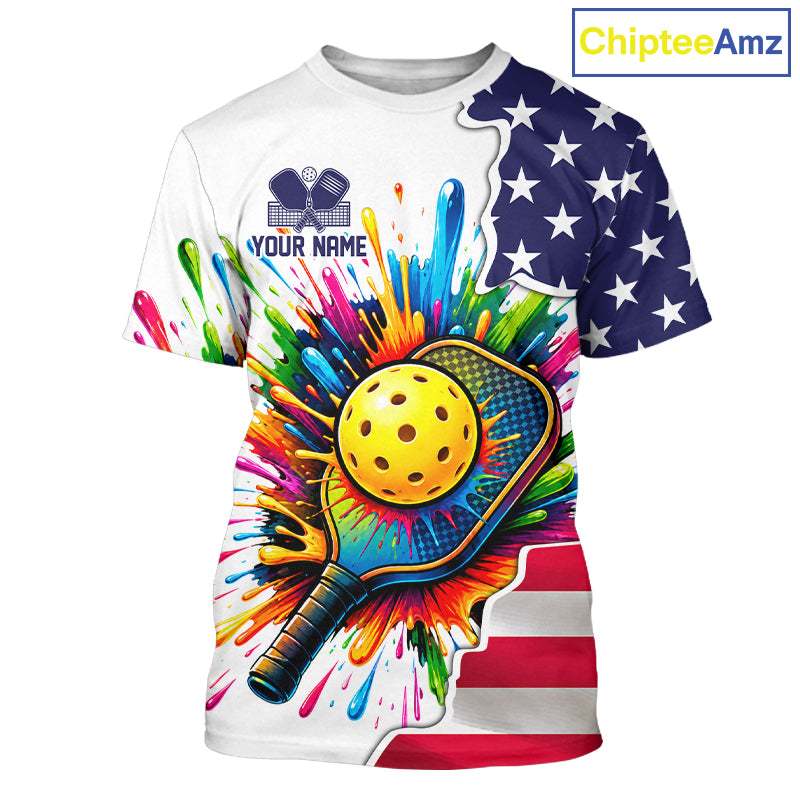 Custom American flag patriotic pickleball tshirt for men colorful splatter pickleball jersey white