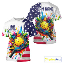 Load image into Gallery viewer, Custom American flag patriotic pickleball tshirt for men colorful splatter pickleball jersey white