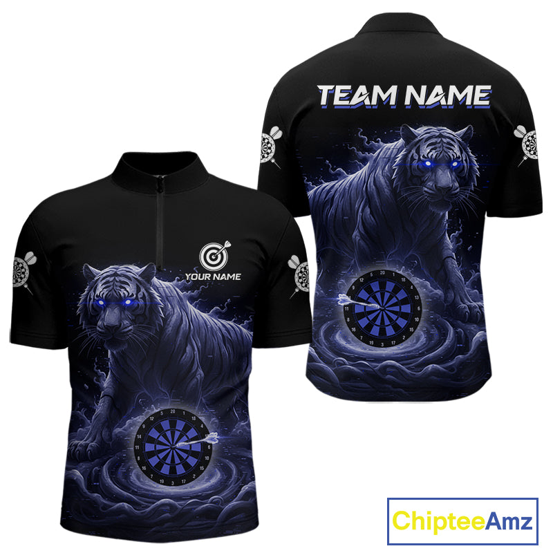 Custom Blue Smokes Funny Tiger Dartboard Men Darts Quarter-Zip Shirt, Outfits Dart Jerseys NYN1811