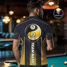 Load image into Gallery viewer, Male billiard player wearing Yin Yang pool jersey during championship match, premium billiard apparel for strategic players, martial arts fans and tournament competitors, symbolizing balance, discipline and competitive excellence.