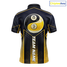 Load image into Gallery viewer, Men's billiard polo featuring yellow lightning, Yin Yang artwork with 8 ball and 9 ball graphics, personalized pool apparel for APA leagues, Zen lifestyle enthusiasts and tournament players, symbolizing balance, focus and precision.