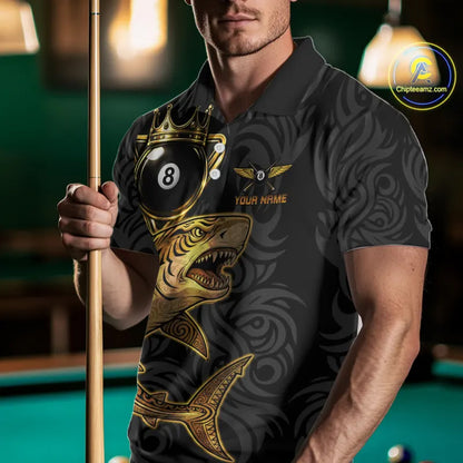 Gold 8 Ball Crown Men's Billiard Team Shirt Custom Shark Tribal Pool Billiard Jerseys NYN2347