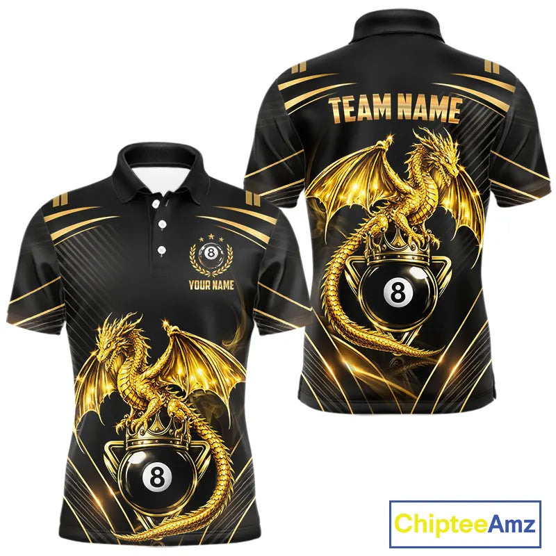 Black & Gold 8 Ball Crown Men's Billiard Team Shirt Custom Dragon Pool Billiard Jerseys NYN2348