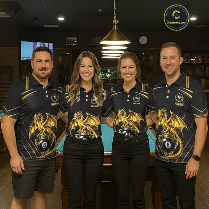 Black & Gold 8 Ball Crown Men's Billiard Team Shirt Custom Dragon Pool Billiard Jerseys NYN2348