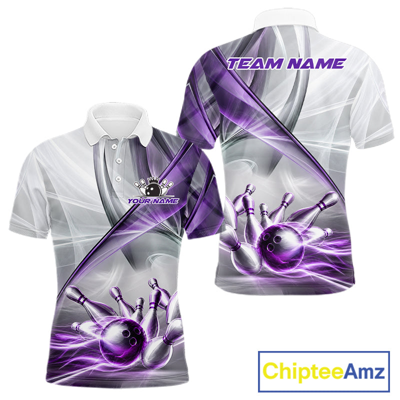 Men's bowling polo featuring white and purple smoke with realistic bowling ball and pins, personalized performance bowling shirt for USBC leagues, bowling tournaments, custom team uniforms and competitive bowlers, symbolizing focus, creativity, teamwork and championship excellence.