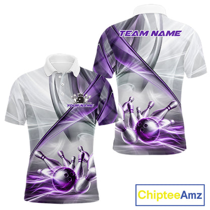 Men's bowling polo featuring white and purple smoke with realistic bowling ball and pins, personalized performance bowling shirt for USBC leagues, bowling tournaments, custom team uniforms and competitive bowlers, symbolizing focus, creativity, teamwork and championship excellence.