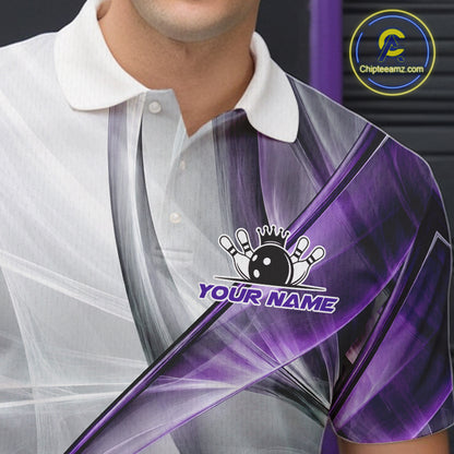 Male bowler wearing white and purple smoke bowling jersey during league competition, premium bowling apparel for tournament players, bowling clubs and sports enthusiasts, symbolizing confidence, determination and elite performance.