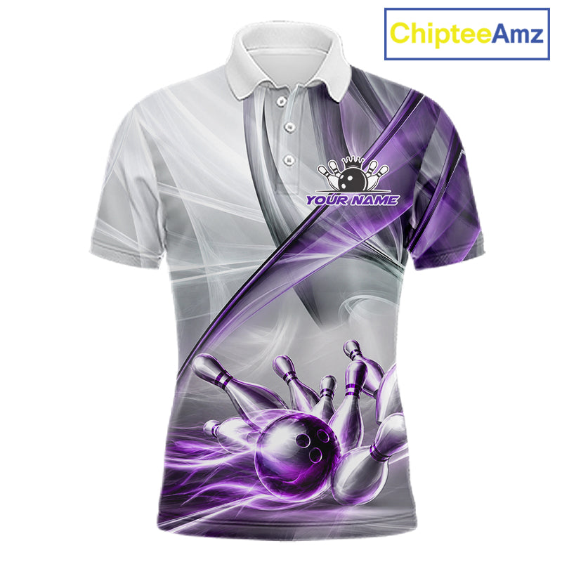 Men's bowling polo featuring white and purple smoke with realistic bowling ball and pins, personalized performance bowling shirt for USBC leagues, bowling tournaments, custom team uniforms and competitive bowlers, symbolizing focus, creativity, teamwork and championship excellence.