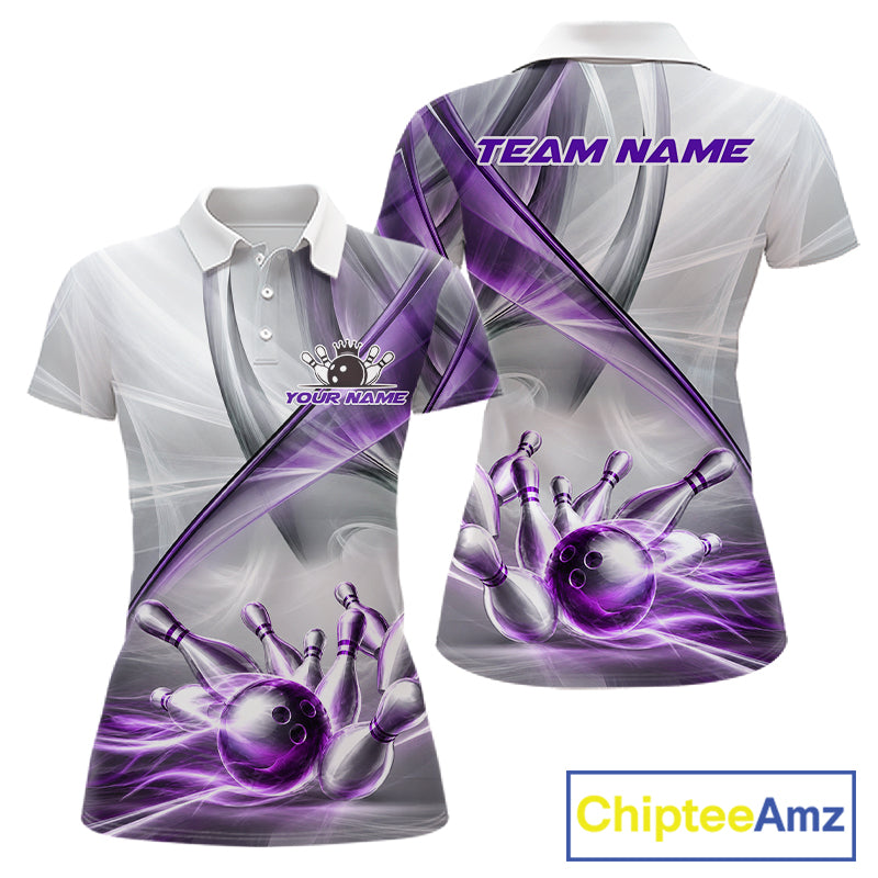 Women's bowling polo featuring white and purple smoke with realistic bowling ball and pins, personalized performance bowling shirt for league bowlers, USBC tournaments, bowling clubs and custom team uniforms, symbolizing focus, creativity and competitive excellence.
