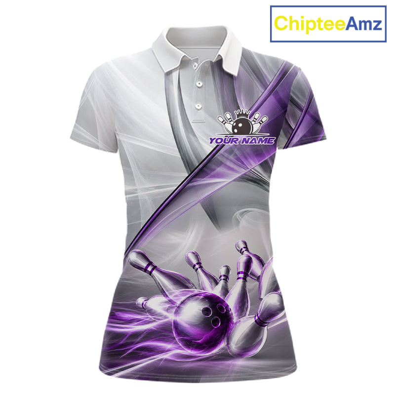 Women's bowling polo featuring white and purple smoke with realistic bowling ball and pins, personalized performance bowling shirt for league bowlers, USBC tournaments, bowling clubs and custom team uniforms, symbolizing focus, creativity and competitive excellence.