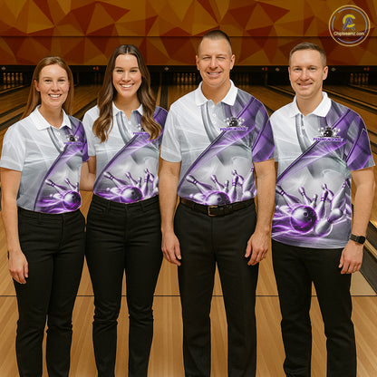 Men women bowling team wearing matching white and purple smoke bowling jerseys for league nights, USBC tournaments and championship events, custom team apparel representing unity, precision, friendship and winning spirit.