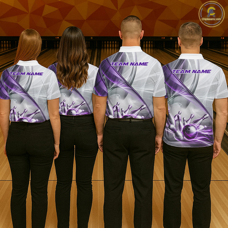 Men women bowling team wearing matching white and purple smoke bowling jerseys for league nights, USBC tournaments and championship events, custom team apparel representing unity, precision, friendship and winning spirit.