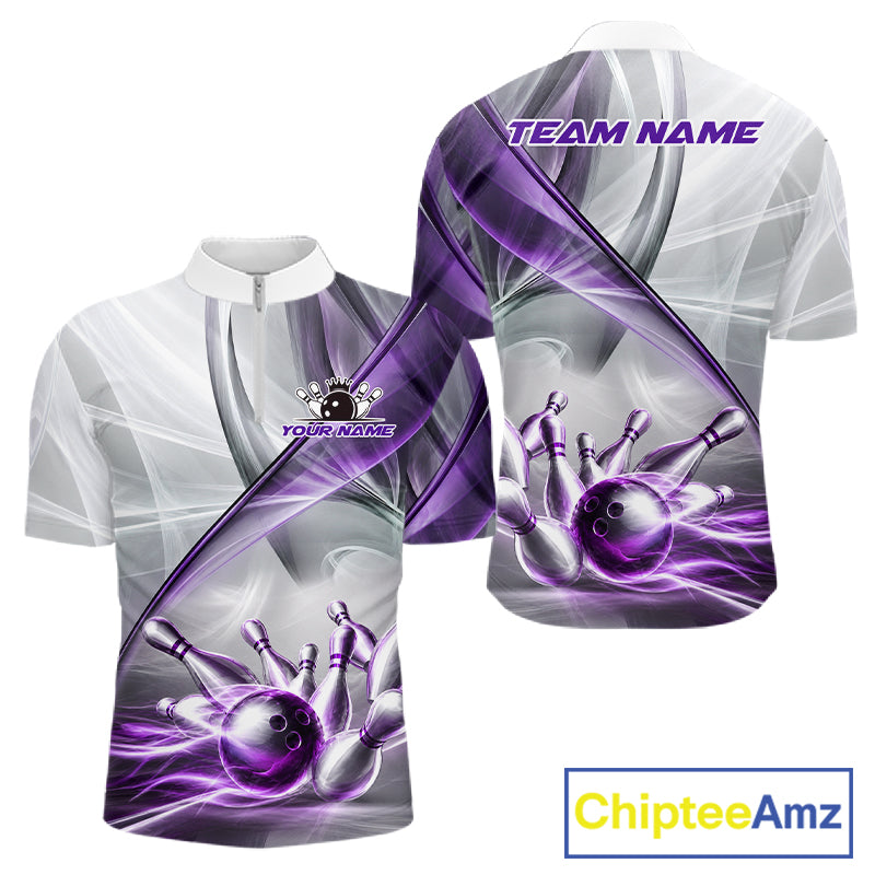 Men's quarter-zip bowling jersey featuring white and purple smoke with bowling ball and pin graphics, moisture-wicking performance apparel for league championships, USBC tournaments and professional bowling teams, representing precision, confidence and victory.