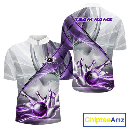 Men's quarter-zip bowling jersey featuring white and purple smoke with bowling ball and pin graphics, moisture-wicking performance apparel for league championships, USBC tournaments and professional bowling teams, representing precision, confidence and victory.