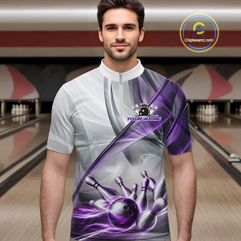 Male bowler wearing white and purple smoke bowling jersey during league competition, premium bowling apparel for tournament players, bowling clubs and sports enthusiasts, symbolizing confidence, determination and elite performance.