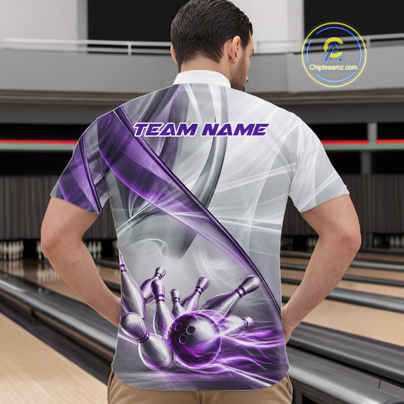 Male bowler wearing white and purple smoke bowling jersey during league competition, premium bowling apparel for tournament players, bowling clubs and sports enthusiasts, symbolizing confidence, determination and elite performance.