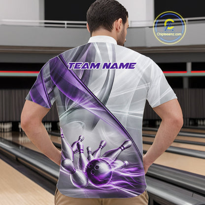 Male bowler wearing white and purple smoke bowling jersey during league competition, premium bowling apparel for tournament players, bowling clubs and sports enthusiasts, symbolizing confidence, determination and elite performance.