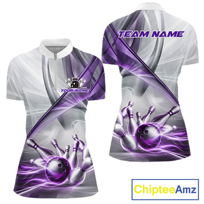 Women's quarter-zip bowling jersey featuring white and purple smoke with bowling ball and pin graphics, custom moisture-wicking performance apparel for league championships, tournament bowlers and bowling team uniforms, representing confidence, precision and victory.