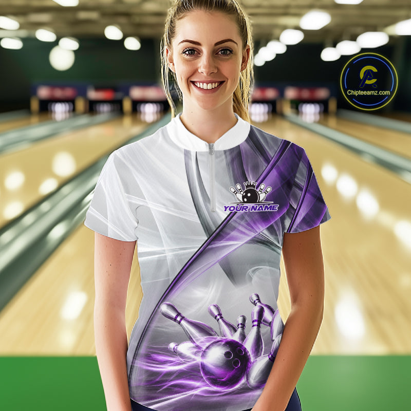 Female bowler wearing white and purple smoke bowling jersey during league competition, premium bowling apparel for USBC tournaments, bowling enthusiasts and women's sports teams, symbolizing confidence, teamwork and determination.