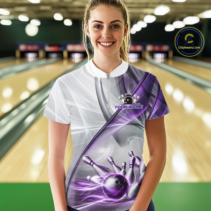 Female bowler wearing white and purple smoke bowling jersey during league competition, premium bowling apparel for USBC tournaments, bowling enthusiasts and women's sports teams, symbolizing confidence, teamwork and determination.