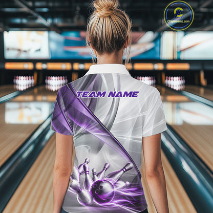 Female bowler wearing white and purple smoke bowling jersey during league competition, premium bowling apparel for USBC tournaments, bowling enthusiasts and women's sports teams, symbolizing confidence, teamwork and determination.