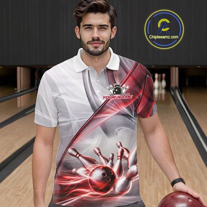 Male bowler wearing white and red smoke bowling jersey during tournament competition, performance bowling apparel for competitive athletes, bowling enthusiasts and league champions, symbolizing resilience, confidence and excellence.