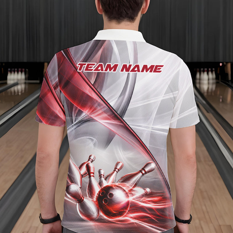 Male bowler wearing white and red smoke bowling jersey during tournament competition, performance bowling apparel for competitive athletes, bowling enthusiasts and league champions, symbolizing resilience, confidence and excellence.