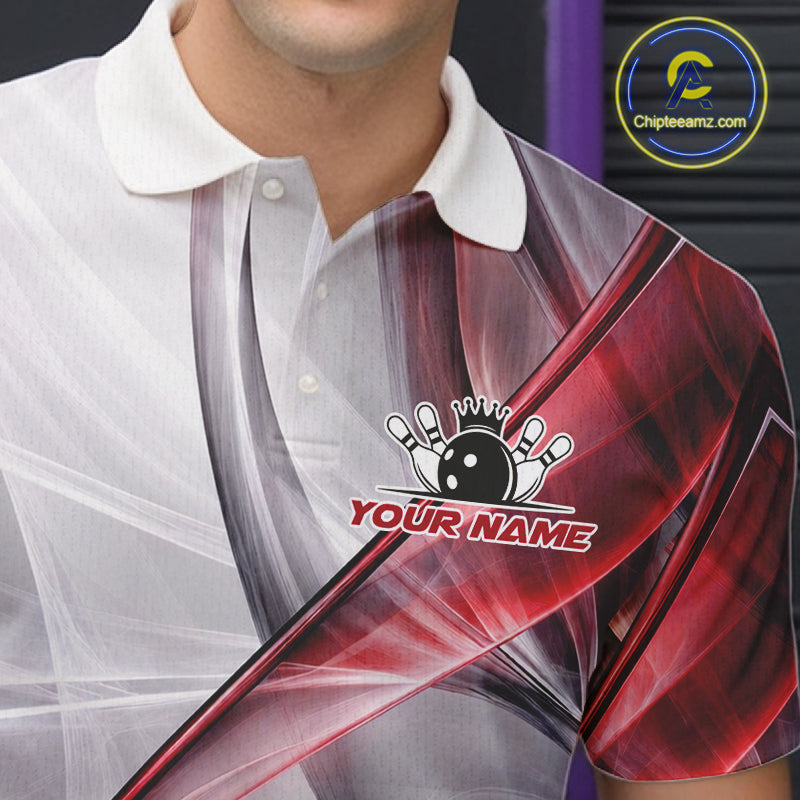 Male bowler wearing white and red smoke bowling jersey during tournament competition, performance bowling apparel for competitive athletes, bowling enthusiasts and league champions, symbolizing resilience, confidence and excellence.