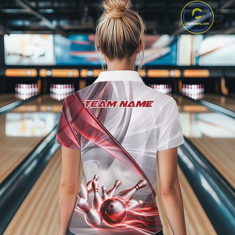 Female bowler wearing white and red smoke bowling jersey during tournament play, performance bowling apparel for league champions, sports enthusiasts and competitive athletes, symbolizing confidence, resilience and success.