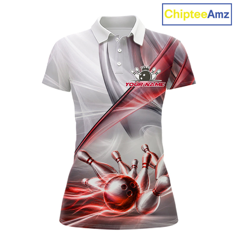 Women's bowling polo featuring white and red smoke with realistic bowling ball and pins, personalized bowling apparel for league play, USBC tournaments, competitive bowlers and team uniforms, symbolizing passion, strength and victory.