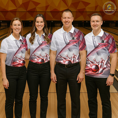 Men women bowling team wearing matching white and red smoke jerseys during league championships, personalized bowling uniforms representing teamwork, passion, excellence and championship ambition.