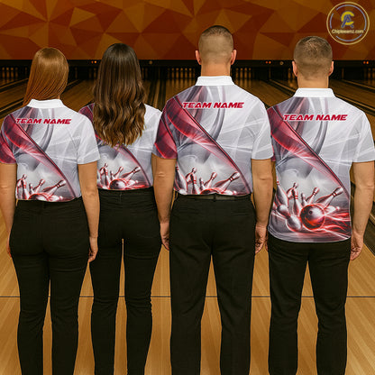 Men women bowling team wearing matching white and red smoke jerseys during league championships, personalized bowling uniforms representing teamwork, passion, excellence and championship ambition.