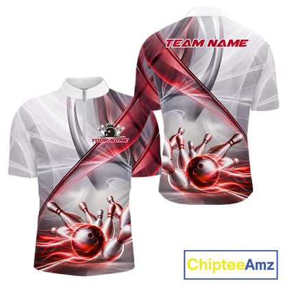 Men's quarter-zip bowling jersey featuring dynamic white and red smoke with bowling ball graphics, premium performance apparel for league play, tournament championships and professional bowling teams, representing courage, determination and success.