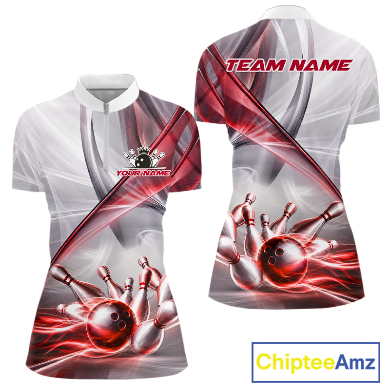 Women's quarter-zip bowling jersey featuring dynamic white and red smoke with bowling ball graphics, custom tournament apparel for bowling leagues, championships and professional bowling teams, representing energy, courage and determination.