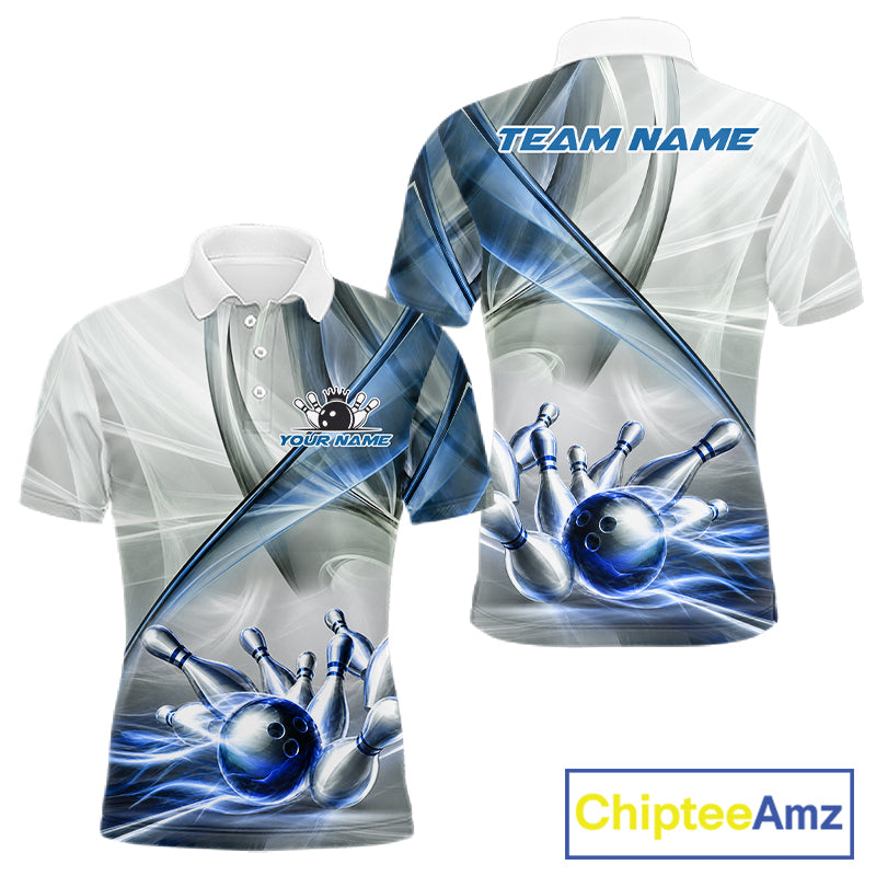 Men's bowling polo featuring white and blue smoke with bowling ball and pins, personalized performance bowling shirt for bowling leagues, USBC championships, bowling clubs and team uniforms, symbolizing trust, precision and teamwork.