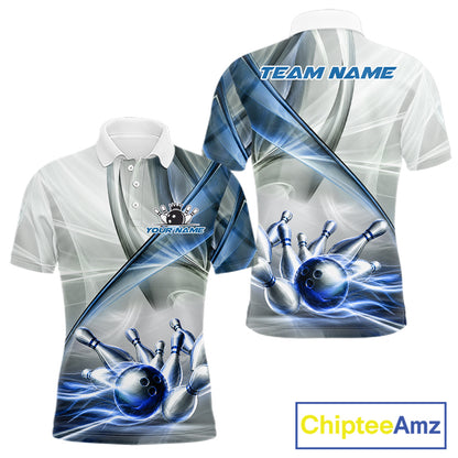 Men's bowling polo featuring white and blue smoke with bowling ball and pins, personalized performance bowling shirt for bowling leagues, USBC championships, bowling clubs and team uniforms, symbolizing trust, precision and teamwork.