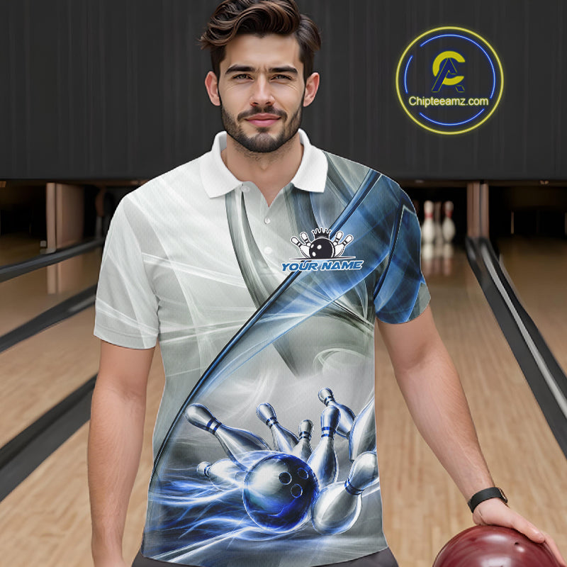 Male bowler wearing white and blue smoke bowling jersey during championship tournament, premium bowling apparel for sports clubs, bowling enthusiasts and competitive athletes, symbolizing consistency, confidence and success.