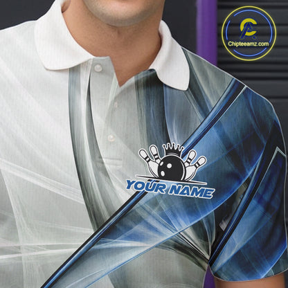 Male bowler wearing white and blue smoke bowling jersey during championship tournament, premium bowling apparel for sports clubs, bowling enthusiasts and competitive athletes, symbolizing consistency, confidence and success.