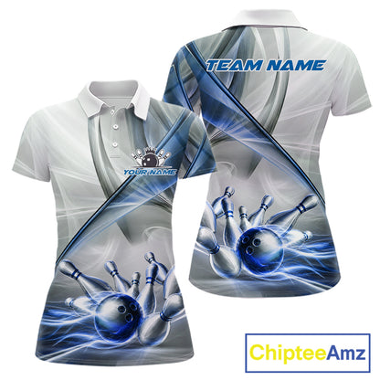 Women's bowling polo featuring white and blue smoke with realistic bowling ball and pins, personalized bowling shirt for USBC leagues, bowling clubs, tournaments and custom team apparel, symbolizing trust, precision and teamwork.