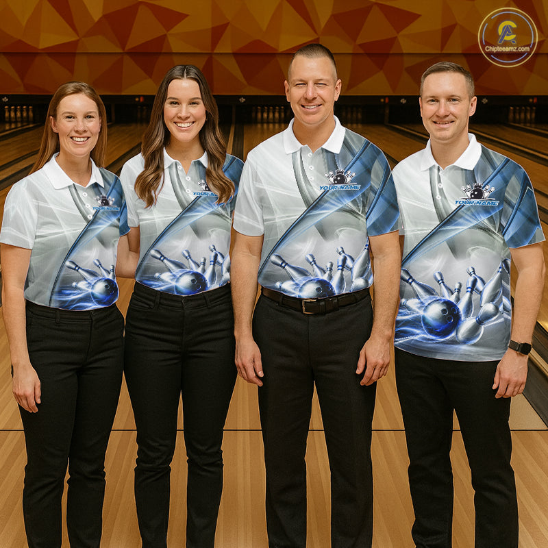 Men women bowling team wearing matching white and blue smoke bowling jerseys during tournaments and league play, representing teamwork, precision, sportsmanship and championship success.