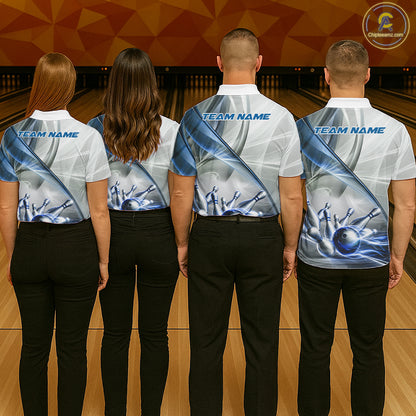 Men women bowling team wearing matching white and blue smoke bowling jerseys during tournaments and league play, representing teamwork, precision, sportsmanship and championship success.