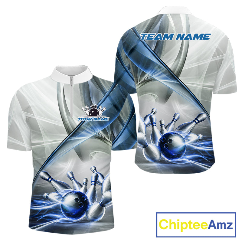 Men's quarter-zip bowling jersey featuring white and blue smoke with bowling ball artwork, moisture-wicking bowling apparel for professional tournaments, league play and custom bowling teams, representing focus, discipline and competitive excellence.